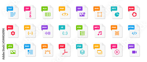 File type icons. File formats in flat design. File and documents extensions. Icons for ui. Vector illustration. photo