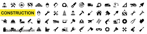 Construction icon set. Outline web icons set - construction. Building, repair tools, home, scraper, safety glasses, paint brush, cement mixers. Simple vector illustration.