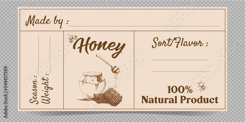 Vector colorful set of honey labels. Front and back labels templates for honey with bee. Home made. Printable template stickers with made by, sort, flavor, weight, season text