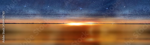 Night starry sky blue gold sunset reflection on sea water wave and gold sunset banner background template