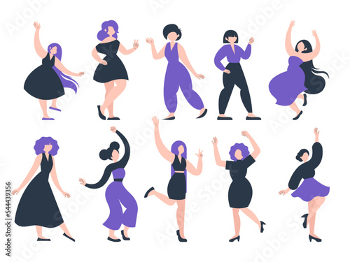 Vector  flat illustration. A set of dancing girls in bright clothes.