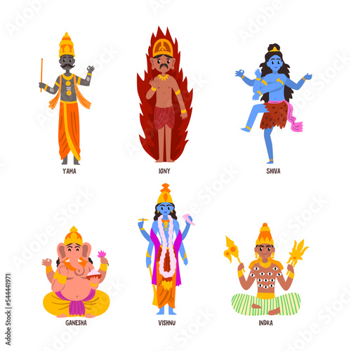Ancient Indian Hindu Gods and Deity with Yama, Vishnu, Igny, Shiva, Ganesha and Indra Vector Set