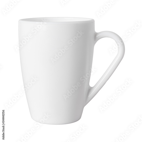 White mug cutout. Large tea cup isolated on a white background. Porcelain tableware for hot beverages closeup. Modern crockery concept. Food and drink design element.