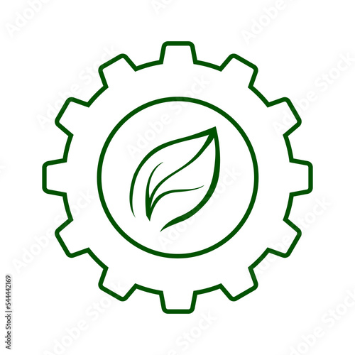 Line icon of green leaf in cogwheel. Symbol of green, sustainable and environment friendly industry or agroindustrial sector. Vector Illustration