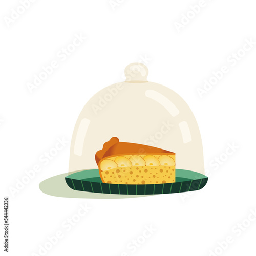 Apple pie slice under glass dome lid vector icon. Cover lid to store sweet cake pastry, baking accessory, serving tray, storage container. Flat design element illustration. Restaurant, bakery decor