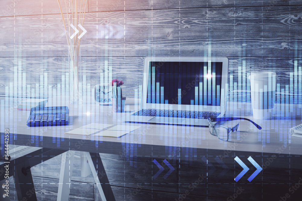 Double exposure of financial graph drawing and office interior background. Concept of stock market. Double exposure of financial graph drawing and office interior background. Concept of stock market.