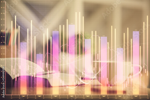 Multi exposure of forex graph drawing and desktop with coffee and items on table background. Concept of financial market trading © peshkova