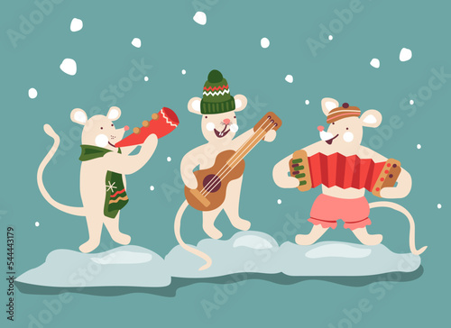Cute cartoon Christmas and New Year illustration .Funny little mice with musical instruments. Vector design for postcard cover invitation card and banner