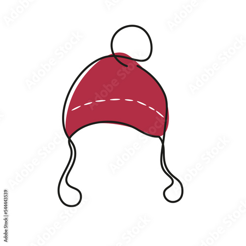 winter hat with ties drawn in one line. Symbol of Christmas and New Year
