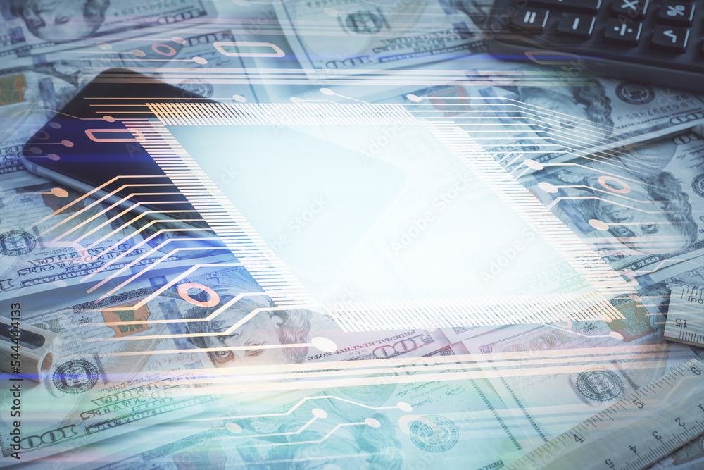 Fototapeta premium Double exposure of data theme drawing over us dollars bill background. Technology concept.