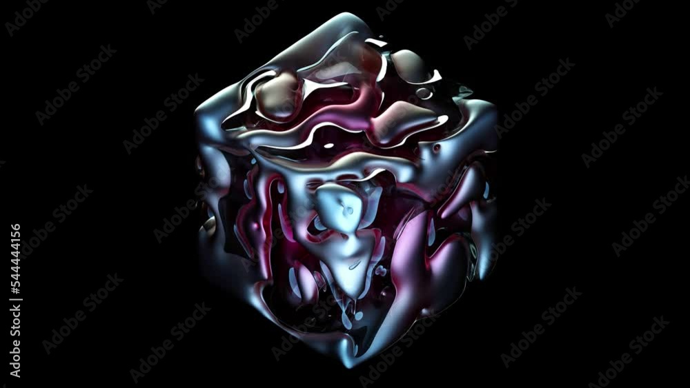 3d render of abstract art 3d video animation with surreal organic cube in transformation process in curve wavy biological lines forms in soft aluminium metal material with translucent glass parts 