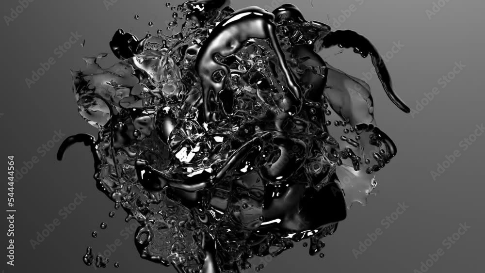 3d render of monochrome black and white abstract art video surreal water ice liquid metal alien mystic substance organism in rotation process with splashes and drops around on black background