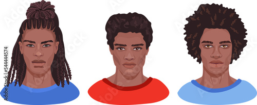 A set of detailed male portraits with different hairstyles. Handsome African men headshots suitable for social media avatars.