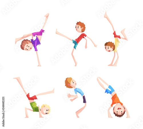 Cute Little Boy Somersaulting Doing Physical Exercise and Stunt Vector Set