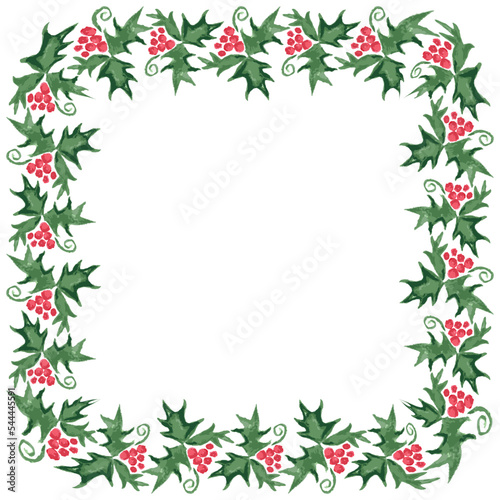 Decorative square border from watercolor drawings of Christmas holly with red berries