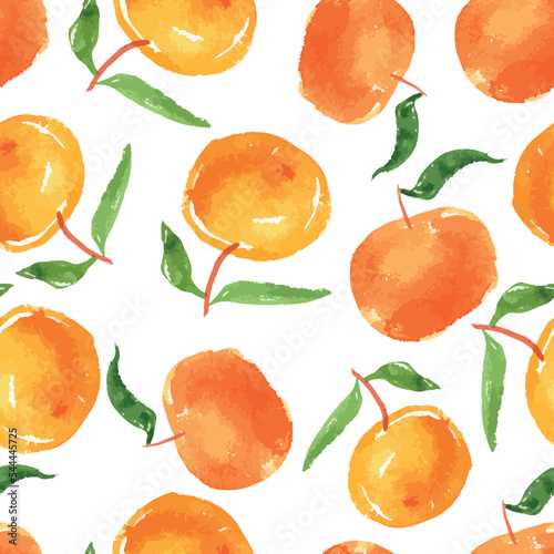 Seamless background of watercolor drawings ripe orange mandarins with green leaves