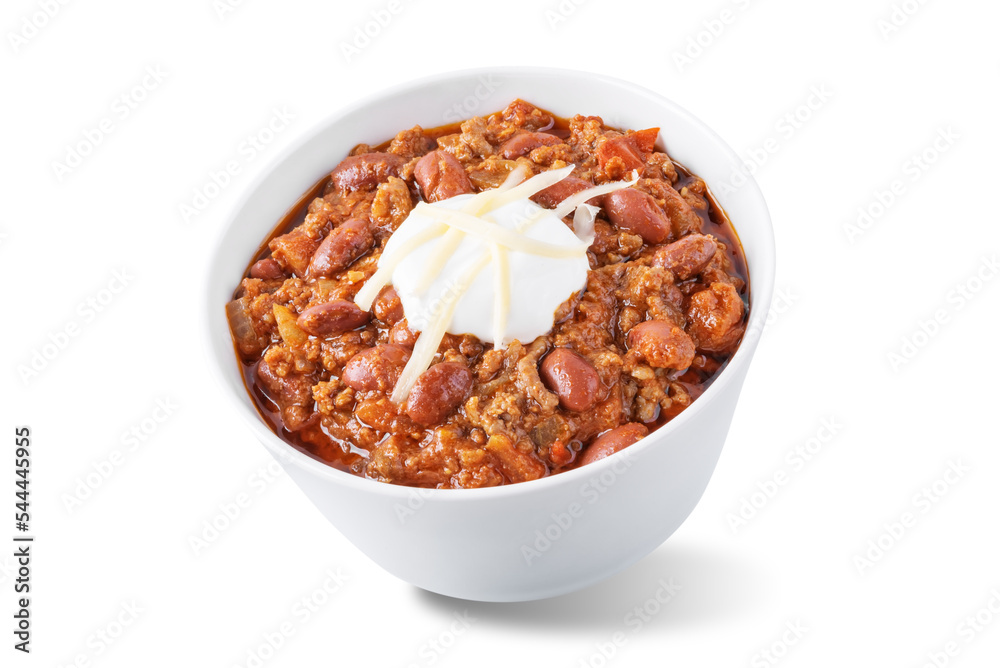 Chili con carne in a bowl on a white isolated background Chili con carne in a bowl on a white isolated background