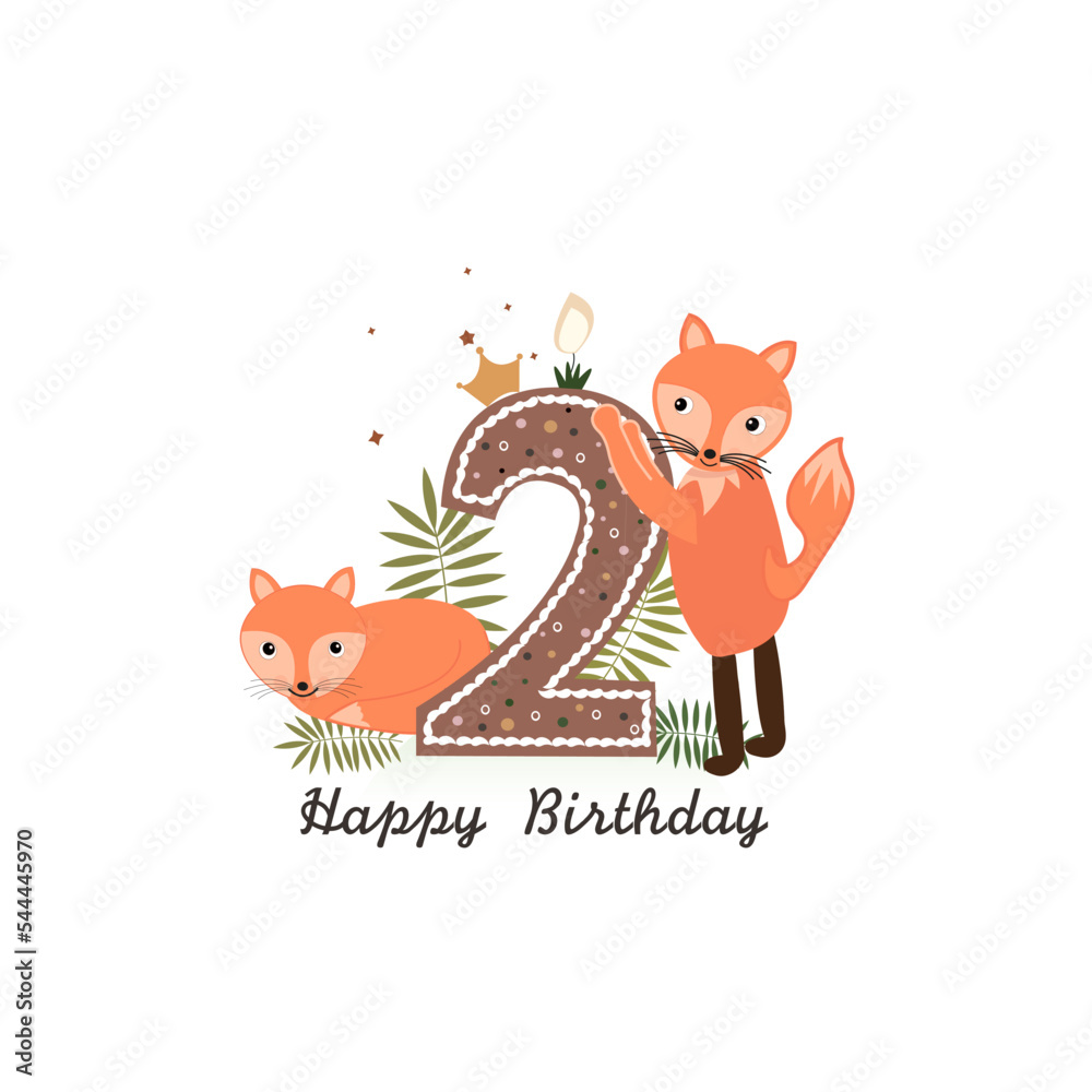 Vetor de Cute foxes. Safari animals second birthday one candle greeting