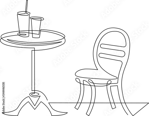 Street Cafe. Chairs near a table with cocktails.Continuous line drawing. Vector illustration