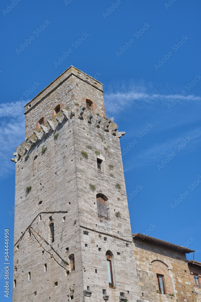 A view of the towers in Piazza della Cisterna in San Gimignano, Tuscany, Italy