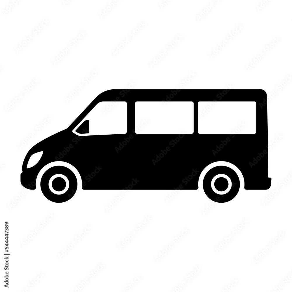 Minibus icon. Minivan. Small passenger bus. Black silhouette. Side view. Vector simple flat graphic illustration. Isolated object on a white background. Isolate.