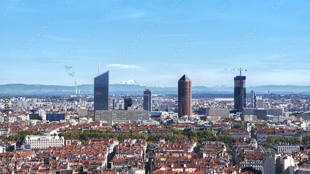Skyline of Part-Dieu business district of Lyon with Mont-Blanc visible in the background