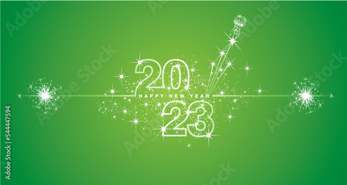 Happy New Year 2023 eve line design loading sparkle firework champagne open white lucky green vector wallpaper greeting card