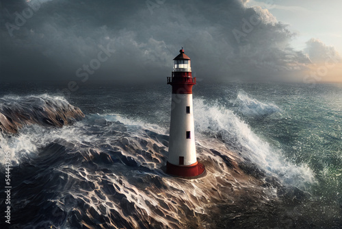lighthouse and thunderstorm, heavy rain with lightning and rough sea
