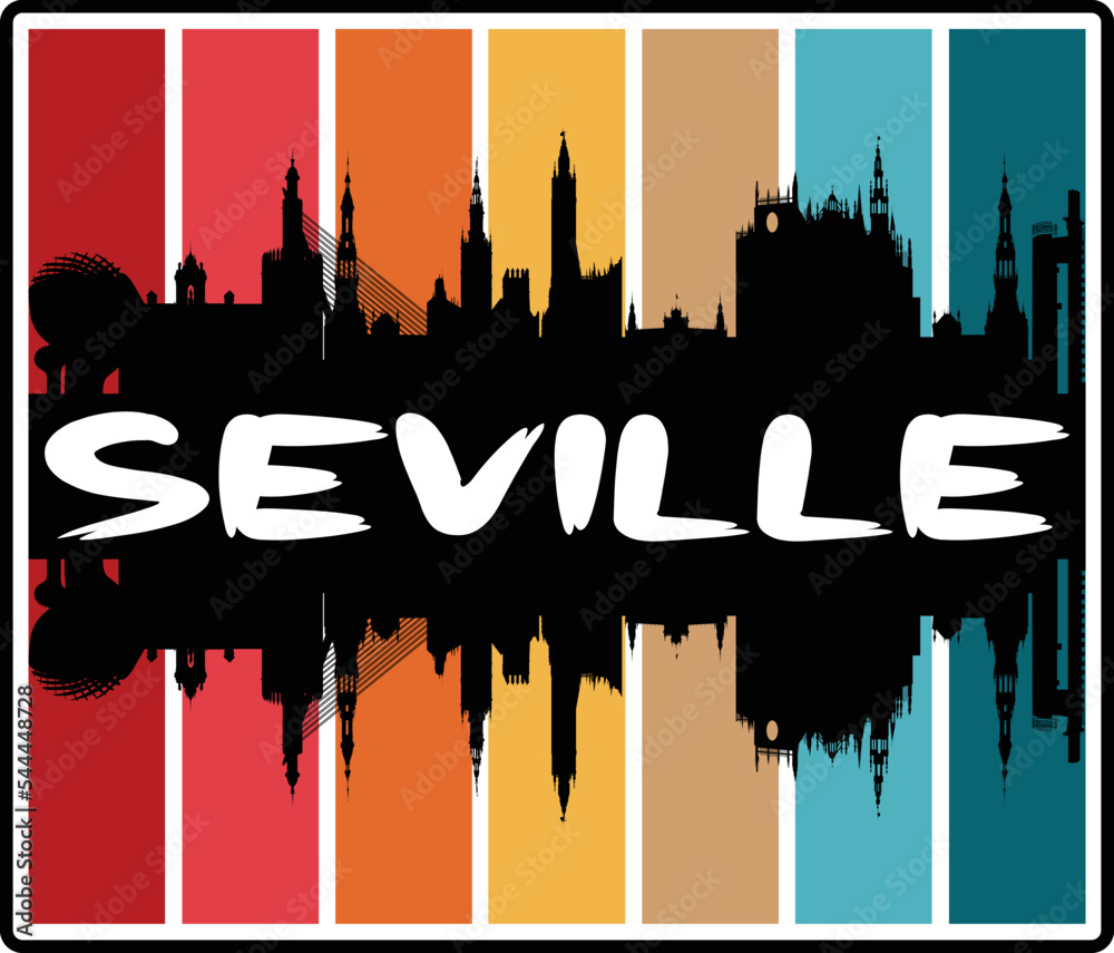 Seville Spain Skyline Sunset Travel Souvenir Sticker Logo Badge Stamp Emblem Coat of Arms Vector Illustration EPS