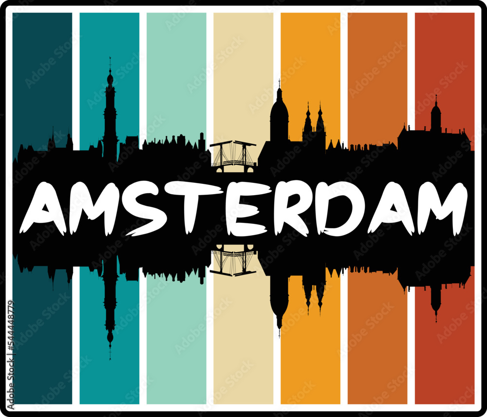 Amsterdam Netherlands Skyline Sunset Travel Souvenir Sticker Logo Badge Stamp Emblem Coat of Arms Vector Illustration EPS