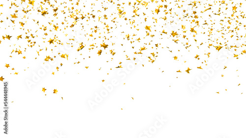 Golden confetti. Falling gold foil, flying yellow glitter. Christmas holiday and anniversary party Upper layer