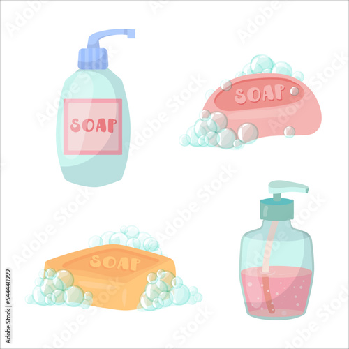 A set of items for the bathroom. Bath, towel, cosmetics for skin care and personal hygiene. Detergents. Vector illustration on a white background.