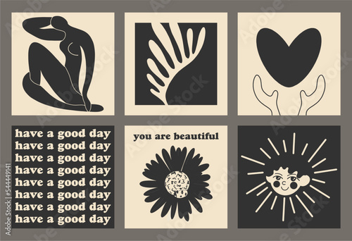 Set of typographic posters. Illustration in a flat style. Abstract female figure and plant, text, heart, boy. Poster template. Cartoon style, flat design. All elements are isolated.