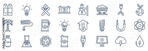 Collection of icons related to Power and Energy, including icons like Battery, Bulb, electric power, Ecology and more. vector illustrations, Pixel Perfect set
