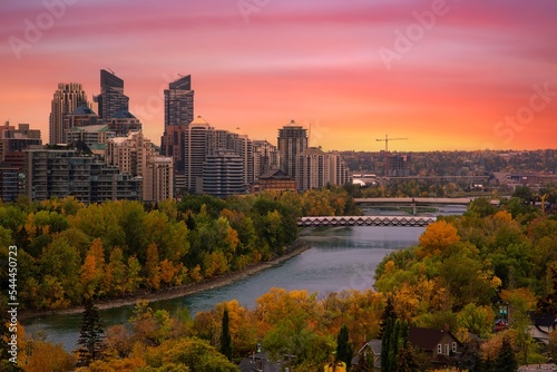 Warm Sunrise Over The Downtown Calgary River Valley