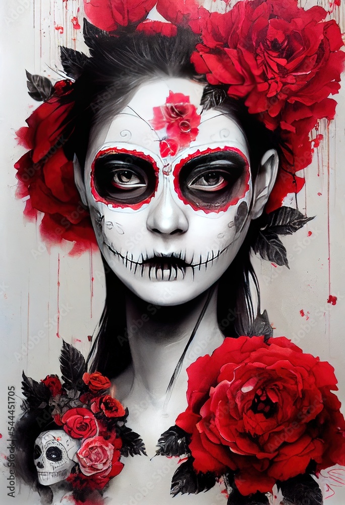 Woman tattooed with the mexican skull and red roses, 3D rendered, made by AI