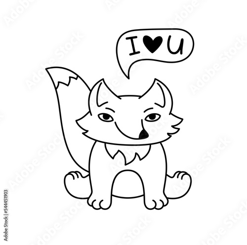 Sitting cartoon fox with bubble I love you. Black and white vector illustration.