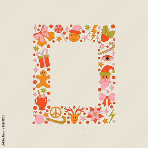 Retro frame 70s style Christmas elements with poinsettia and leaves. Merry Christmas holiday. Winter simple minimalist background with berries. 1970 good vibes. Vector illustration.