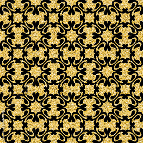 Gold arabic seamless pattern, shimmer gold glitter black decorative background