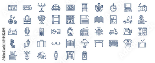 Collection of icons related to Retro style 80c objects, including icons like Camara, Camper van, Car, Clock and more. vector illustrations, Pixel Perfect set


 photo