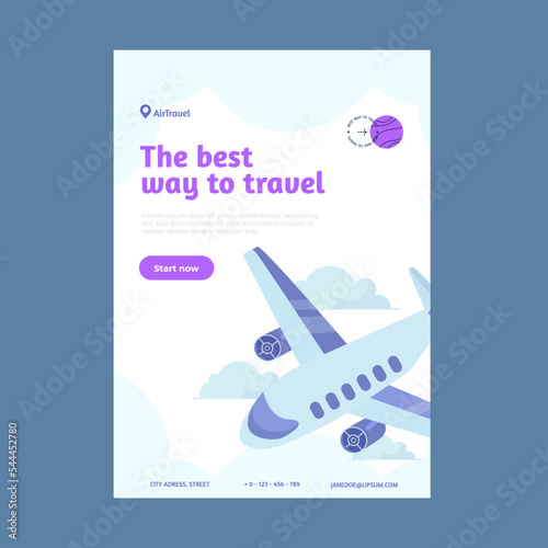 Modern airplane booklet, brochure, jet poster, airline layout, plane tour, transport background