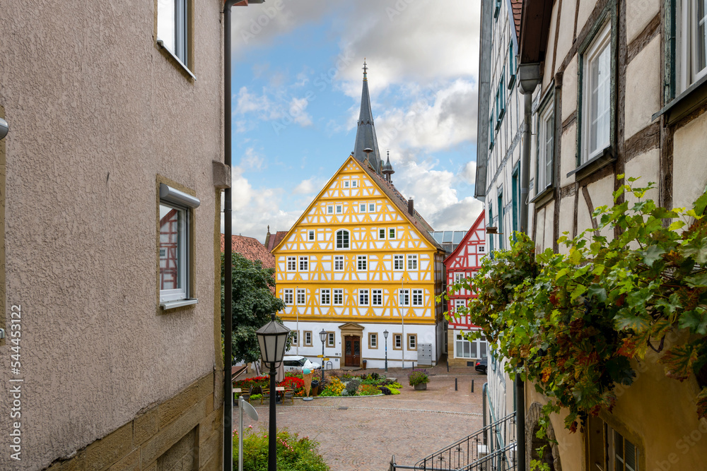 The Mockmuhl Town Hall building in the town square of the rural hill town of Mockmuhl, Germany.