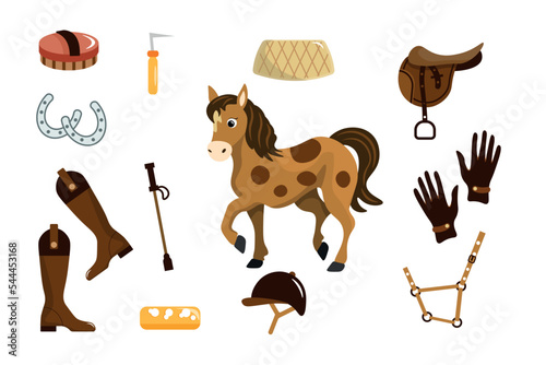 Set of equipment riding in cartoon style. Vector illustration of horses, helmets, gloves, leggings, saddles, saddle pads, cleaning tools, horseshoes on white background.