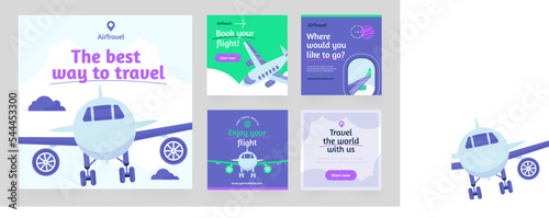 Airline post template, app concept, media banner, trendy plane post, social media pack, online travel