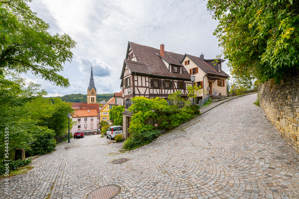 The Mockmuhl Town Hall building in the medieval center of the rural hill town of Mockmuhl, in the district of Heilbronn, Baden-Württemberg, Germany.