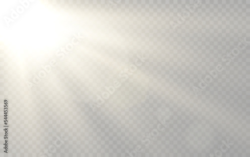 Sunlight rays. Realistic sunshine on transparent background. Bright sun beams with bokeh effect. Shining rays and lens flare. Warm sun flash. Vector illustration
