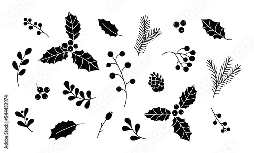 Christmas vector plants, holly berries, Christmas tree, mistletoe, pine, berries, branches with leaves, holiday decoration, winter symbols isolated on a white background. Black silhouettes. 