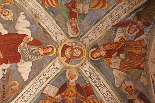 Tableau sur toile Cristo e i quattro Evangelisti; affresco del soffitto del presbiterio nella chie