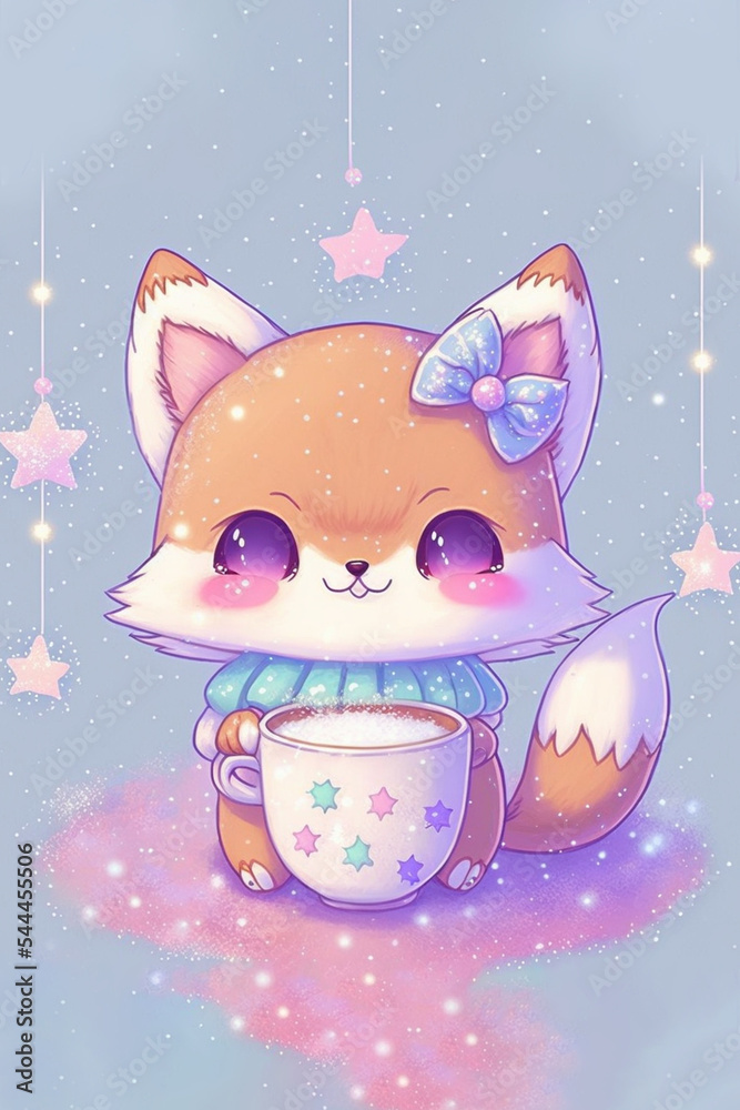 Cute kawaii fox with hot milk Illustration Stock