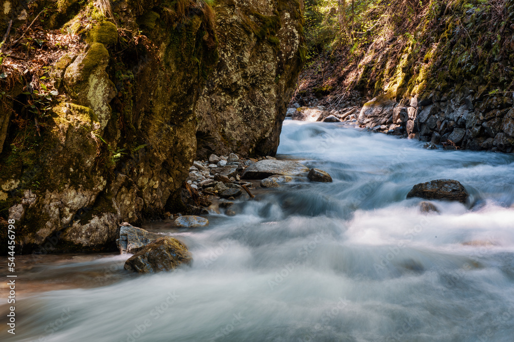 Mountain river flowing in a deep green forrest. Long exposure, water flow in motion. Vajskovsky potok, Low Tatras National Park. Mountain river flowing in a deep green forrest. Long exposure, water flow in motion. Vajskovsky potok, Low Tatras National Park.